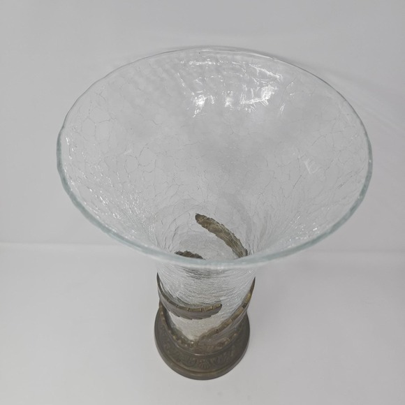 Vintage Art Nouveau Hand Blown Glass Vase w/ Ornate Brass Base 15 X 8.5